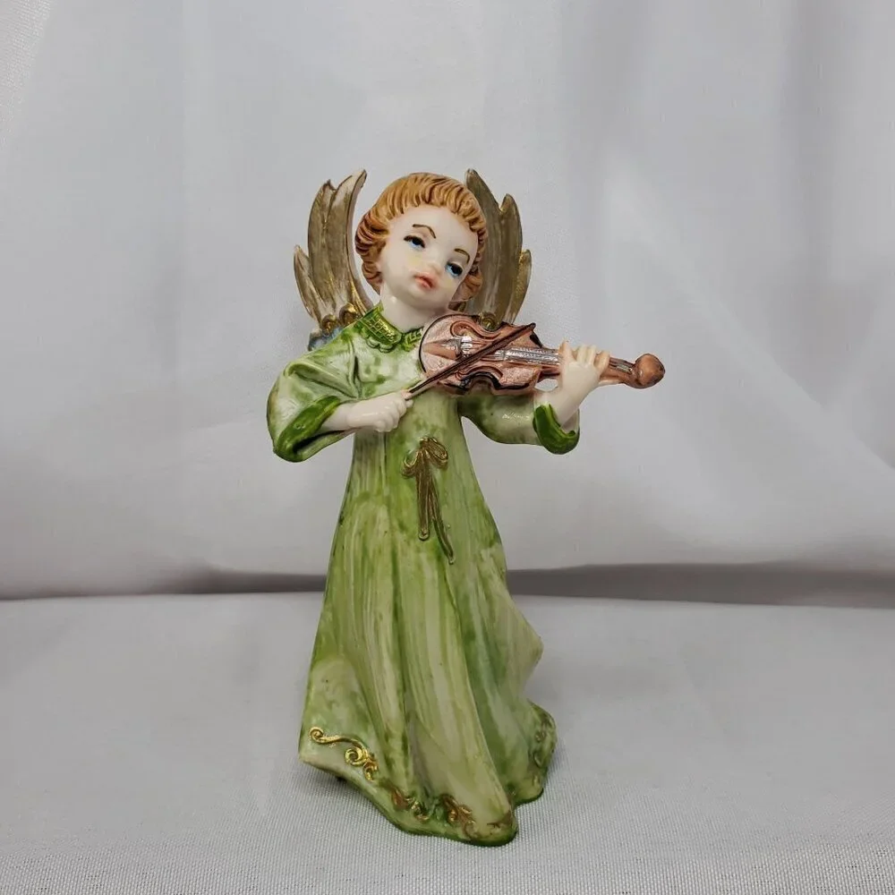 VTG Fontanini Plastic Depose Italy Angel #163 Green Figurine Playing Violin